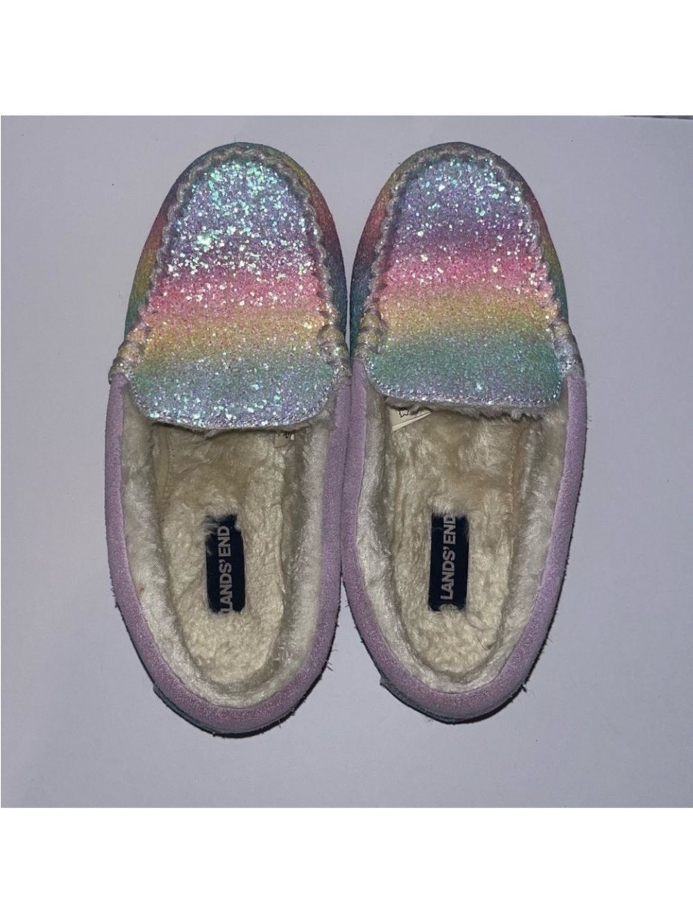 Lands' End Girls' Pastel Rainbow Glitter Moccasin Slippers - Lavender Size 3